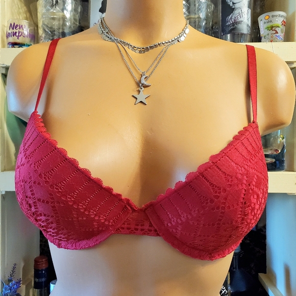 Lucky Brand Bra 34-C Red Lace Push-up Lined Underwire EUC - Picture 1 of 8